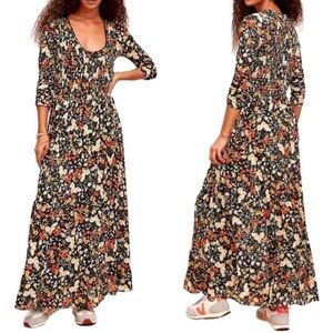 Maeve Omya Fit and Flare Maxi Dress XS Smocked 3/4 Sleeves Floral Print Feminine